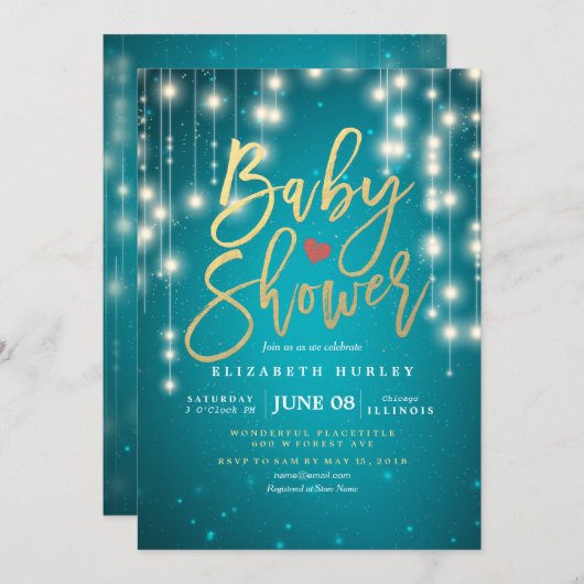 String Lights Gold Script Blue Glitzer Baby Dusche Einladung (Vorne/Hinten)