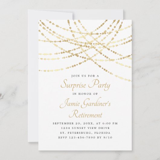 String Lights Gold Surprise Retirement Party Einladung (Vorderseite)