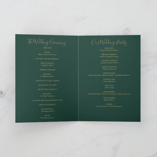String Lights Green Gold Elegante Script Hochzeit Programm (Innenseite)