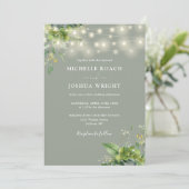 String Lights Greenerity QR Code Sage Green Weddin Einladung (Stehend Vorderseite)