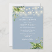 String Lights Greenery Dusty Blue Foto Wedding Einladung (Vorderseite)