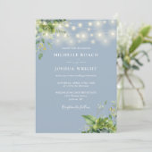 String Lights Greenery Dusty Blue Foto Wedding Einladung (Stehend Vorderseite)