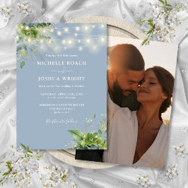 String Lights Greenery Dusty Blue Foto Wedding Einladung