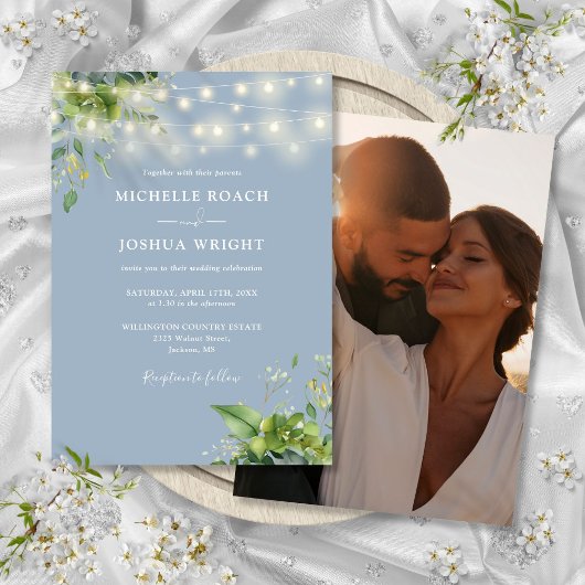 String Lights Greenery Dusty Blue Foto Wedding Einladung