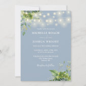 String Lights Greenery Dusty Blue Monogram Wedding Einladung (Vorderseite)