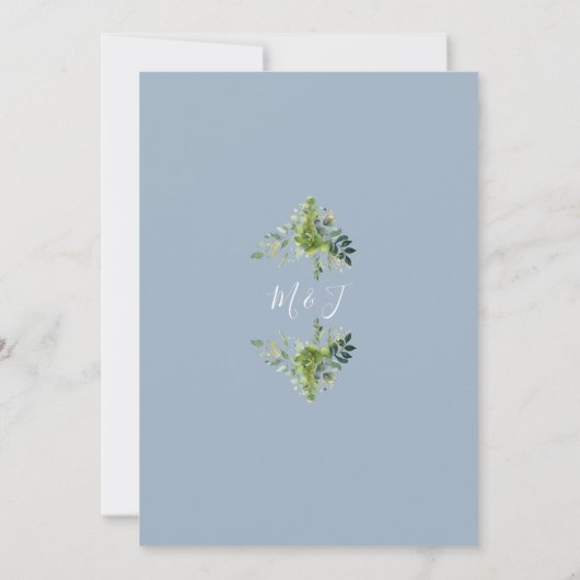 String Lights Greenery Dusty Blue Monogram Wedding Einladung (Rückseite)