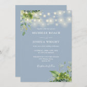 String Lights Greenery Dusty Blue Monogram Wedding Einladung (Vorne/Hinten)