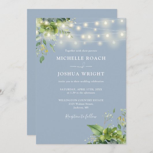 String Lights Greenery Dusty Blue Monogram Wedding Einladung (Vorne/Hinten)