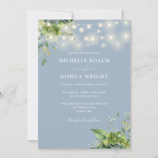 String Lights Greenery Dusty Blue QR Code Wedding Einladung (Vorderseite)