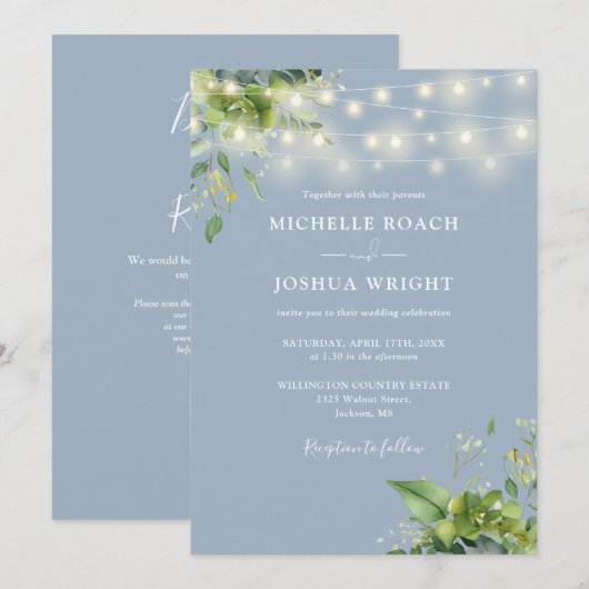 String Lights Greenery Dusty Blue QR Code Wedding Einladung (Vorne/Hinten)