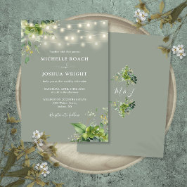 String Lights Greenery Monogram Sage Green Wedding Einladung