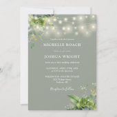 String Lights Greenery Monogram Sage Green Wedding Einladung (Vorderseite)