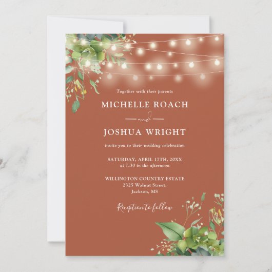 String Lights Greenery Terracotta Monogram Wedding Einladung (Vorderseite)