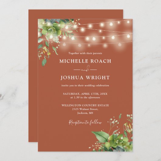 String Lights Greenery Terracotta QR Code Wedding Einladung (Vorne/Hinten)