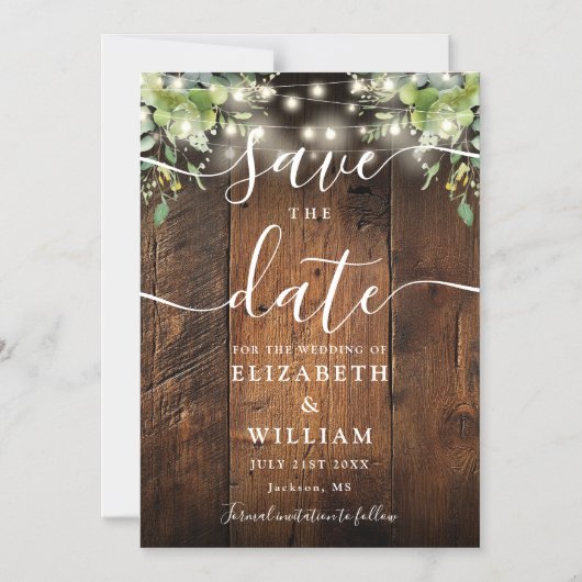 String Lights Greenery Wood Wedding Save The Date Magneteinladung (Vorderseite)
