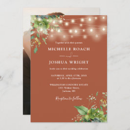 String Lights Grüne Terracotta Foto Wedding Einladung
