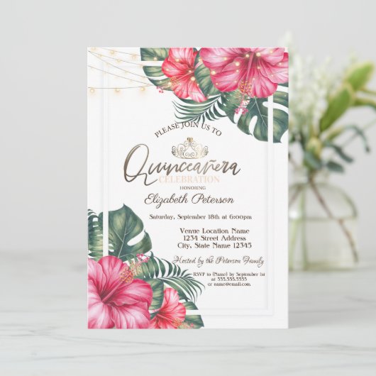 String Lights Hibuscus Summer Quinceañera Einladung (Stehend Vorderseite)