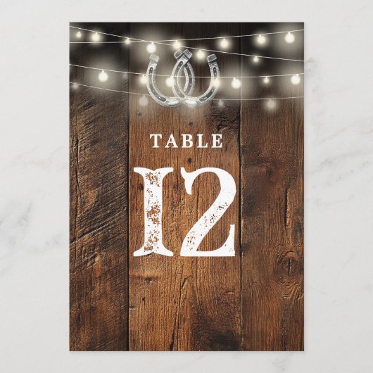 String Lights Horseshoes Barn Wood Table Number Einladung (Vorderseite)
