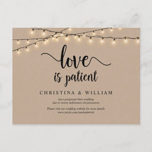 String Lights, Liebe ist geduldig, Hochzeit verzög Postkarte (Vorderseite)