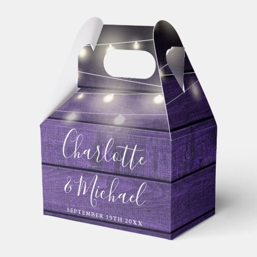 String Lights Lila rustikale HolzskriptWedding Geschenkschachtel (Vorderseite)