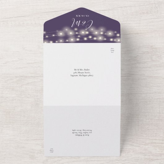 String Lights Lila Script QR Code Hochzeitsskripte All In One Einladung (Außenbereich)