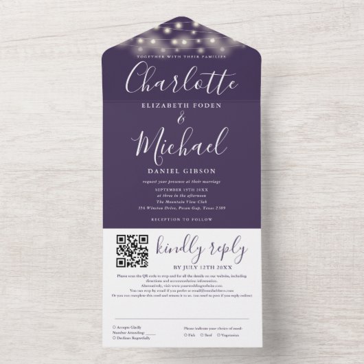 String Lights Lila Script QR Code Hochzeitsskripte All In One Einladung (Innen Boden)