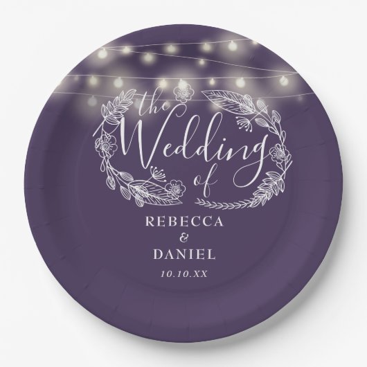String Lights Lila SkriptWedding Pappteller (Vorderseite)