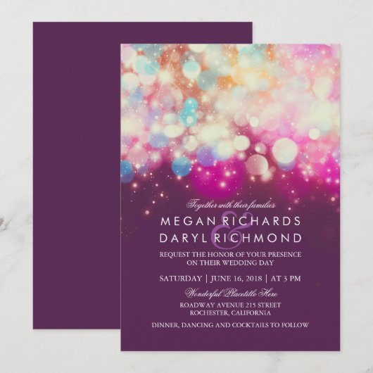 String Lights Lila Wedding Einladung (Vorne/Hinten)