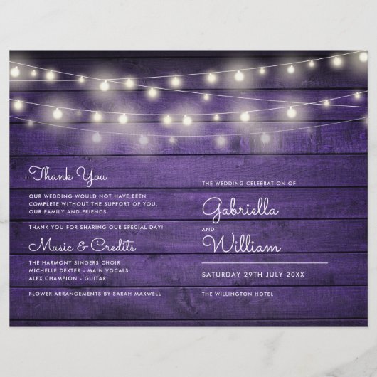 String Lights Lila Wood Wedding Program (Vorderseite)