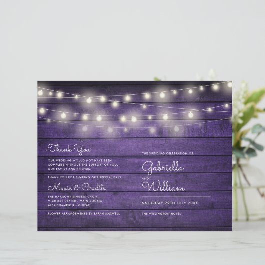 String Lights Lila Wood Wedding Program (Stehend Vorderseite)