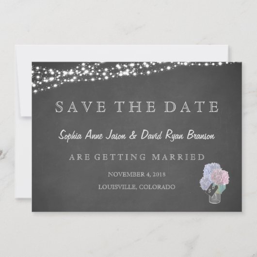 String Lights Mason Jar Chalkboard SAVE THE DATE (Vorderseite)