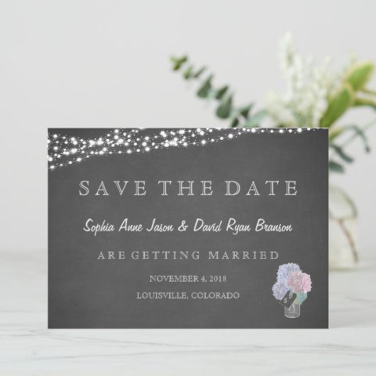 String Lights Mason Jar Chalkboard SAVE THE DATE (Stehend Vorderseite)