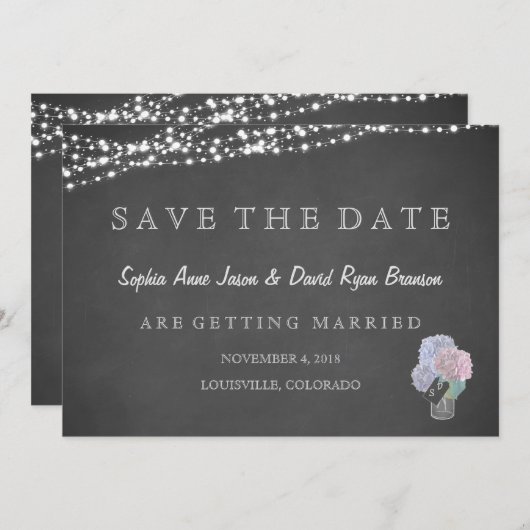 String Lights Mason Jar Chalkboard SAVE THE DATE (Vorne/Hinten)