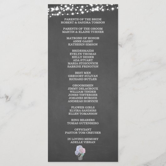 String Lights Mason Jar Chalkboard Wedding Program Programm (Rückseite)