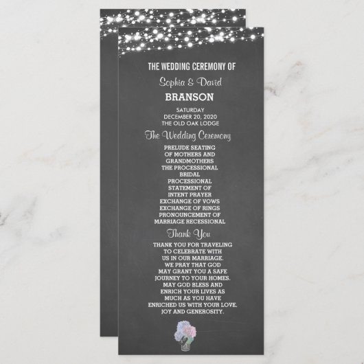 String Lights Mason Jar Chalkboard Wedding Program Programm (Vorne/Hinten)