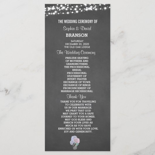 String Lights Mason Jar Chalkboard Wedding Program Programm (Vorderseite)