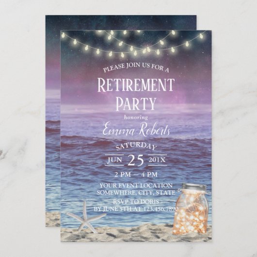 String Lights Mason Jar Starfish Beach Retirement Einladung (Vorne/Hinten)