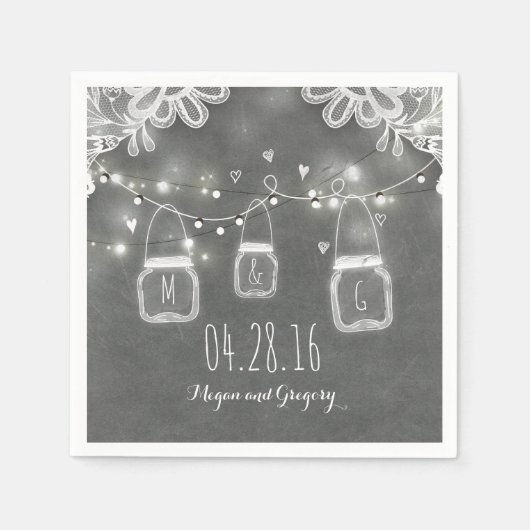 String Lights Mason Jar und Lace Rustikale Hochzei Serviette (Vorderseite)