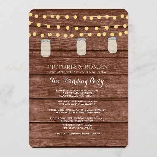 String Lights Mason Jar Wood Wedding Programs Programm (Vorderseite)