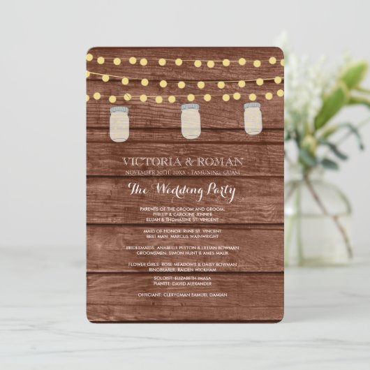 String Lights Mason Jar Wood Wedding Programs Programm (Stehend Vorderseite)