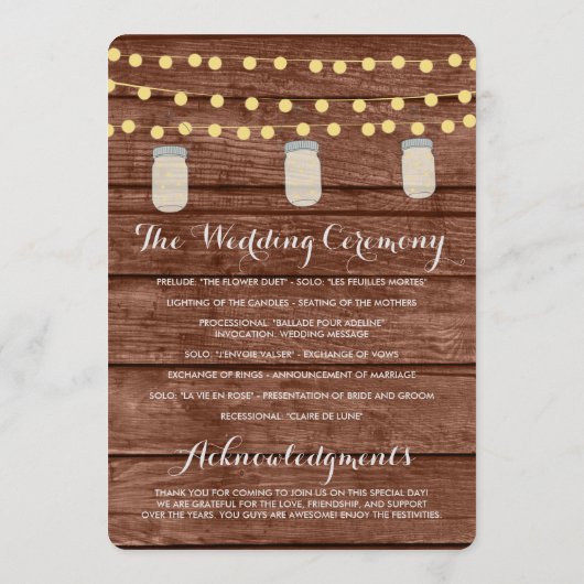 String Lights Mason Jar Wood Wedding Programs Programm (Rückseite)