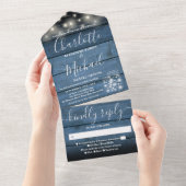 String Lights Mason Jars Blue Rustic Wood Wedding All In One Einladung (Abreißen)