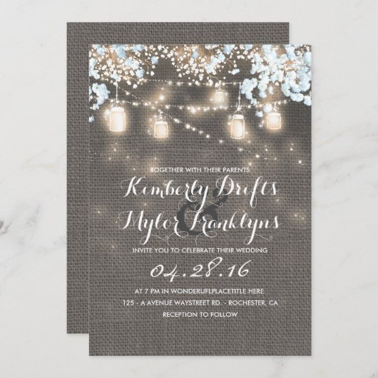 String Lights Mason Jars Rustic Burlap Wedding Einladung (Vorne/Hinten)