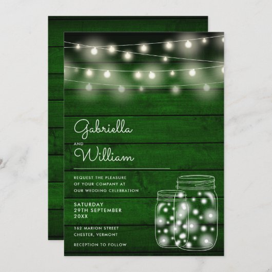 String Lights Mason Jars Rustic Green Wood Wedding Einladung (Vorne/Hinten)