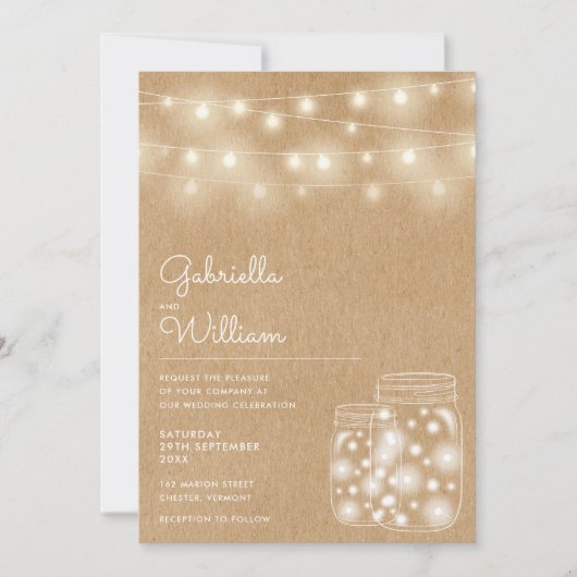 String Lights Mason Jars Rustic Kraft Wedding Einladung (Vorderseite)