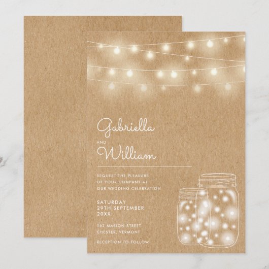 String Lights Mason Jars Rustic Kraft Wedding Einladung (Vorne/Hinten)