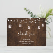String Lights Mason Jars Rustic Wood Wedding Dankeskarte (Stehend Vorderseite)