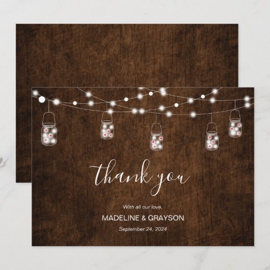 String Lights Mason Jars Rustic Wood Wedding Dankeskarte (Vorne/Hinten)