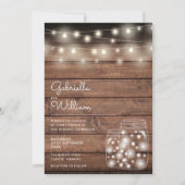 String Lights Mason Jars Rustic Wood Wedding Einladung (Vorderseite)
