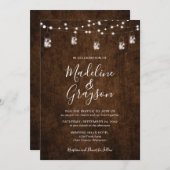 String Lights Mason Jars Rustic Wood Wedding Einladung (Vorne/Hinten)